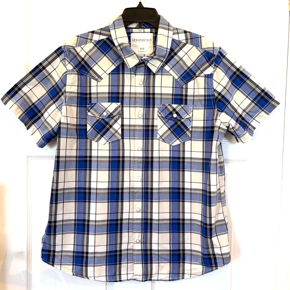 Aeropostale Mens Plaid Western Shirt XL Blue White Snap Button Short Sleeve EUC!